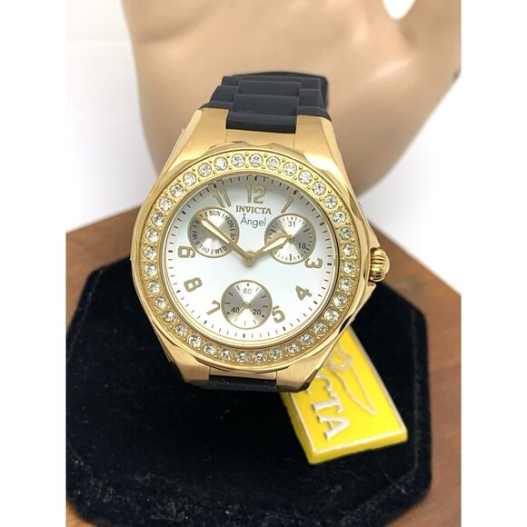 Invicta Women\'s Watch 1643 Angel Quartz White Dial Gold Black Rubber Strap 38mm